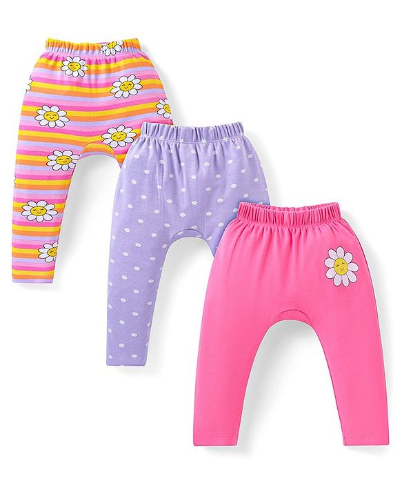Babyhug Cotton Knit Full Length Diaper Leggings With Floral & Polka Dots Print Pack Of 3 - Pink Yellow & Lilac