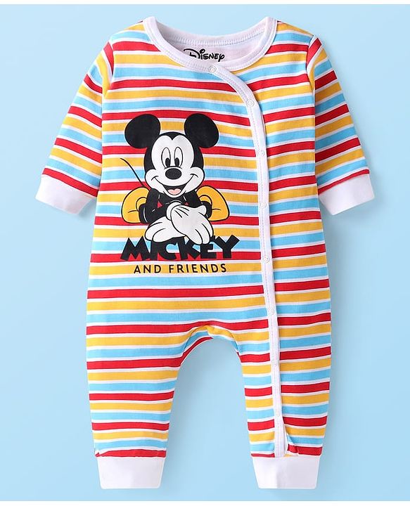 Babyhug Disney Interlock Knit Full Sleeves Rompers with Mickey Mouse Print Pack of 2 - White  Green & Red