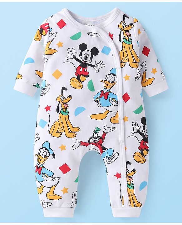 Babyhug Disney Interlock Knit Full Sleeves Rompers with Mickey Mouse Print Pack of 2 - White  Green & Red