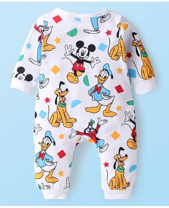 Babyhug Disney Interlock Knit Full Sleeves Rompers with Mickey Mouse Print Pack of 2 - White  Green & Red