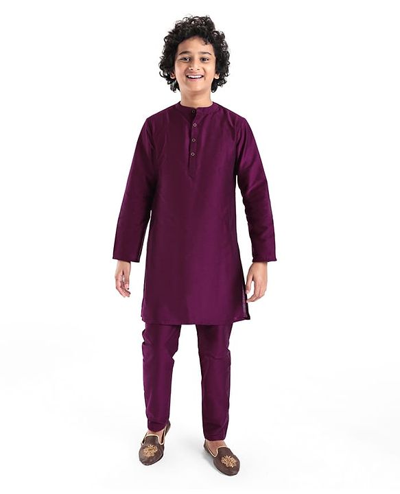 Pine Kids Woven Full Sleeves Kurta Pyjama Set with Sequined Embroidered Nehru Jacket - Wine