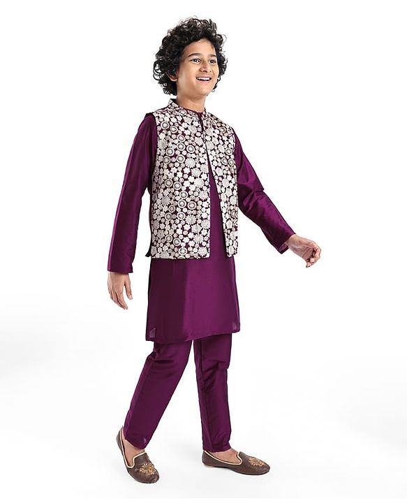 Pine Kids Woven Full Sleeves Kurta Pyjama Set with Sequined Embroidered Nehru Jacket - Wine