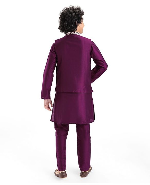 Pine Kids Woven Full Sleeves Kurta Pyjama Set with Sequined Embroidered Nehru Jacket - Wine