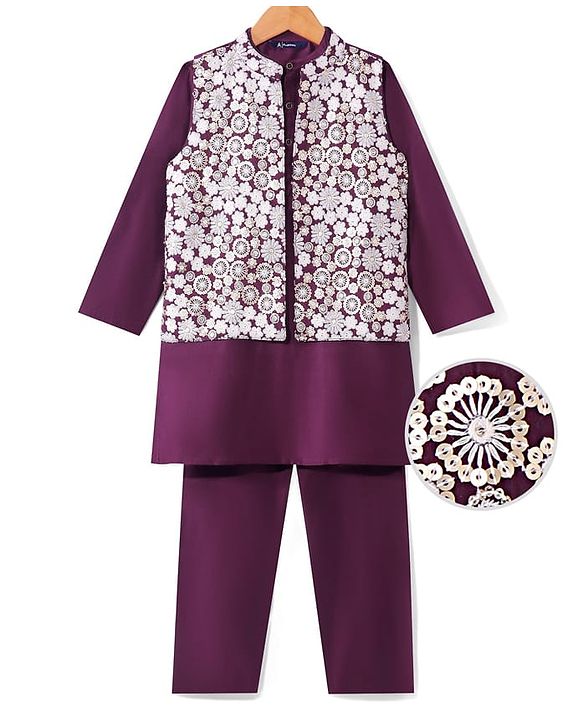 Pine Kids Woven Full Sleeves Kurta Pyjama Set with Sequined Embroidered Nehru Jacket - Wine