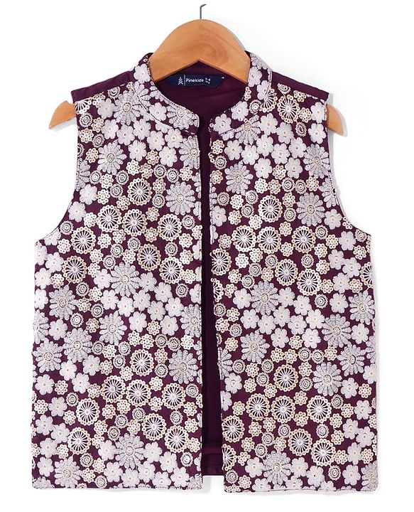 Pine Kids Woven Full Sleeves Kurta Pyjama Set with Sequined Embroidered Nehru Jacket - Wine