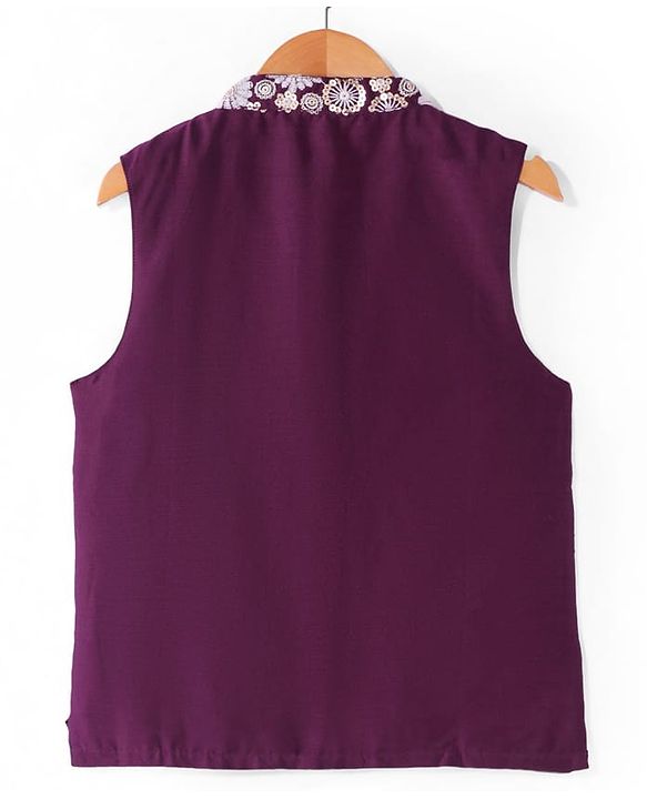 Pine Kids Woven Full Sleeves Kurta Pyjama Set with Sequined Embroidered Nehru Jacket - Wine