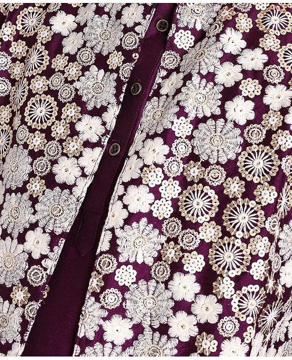 Pine Kids Woven Full Sleeves Kurta Pyjama Set with Sequined Embroidered Nehru Jacket - Wine
