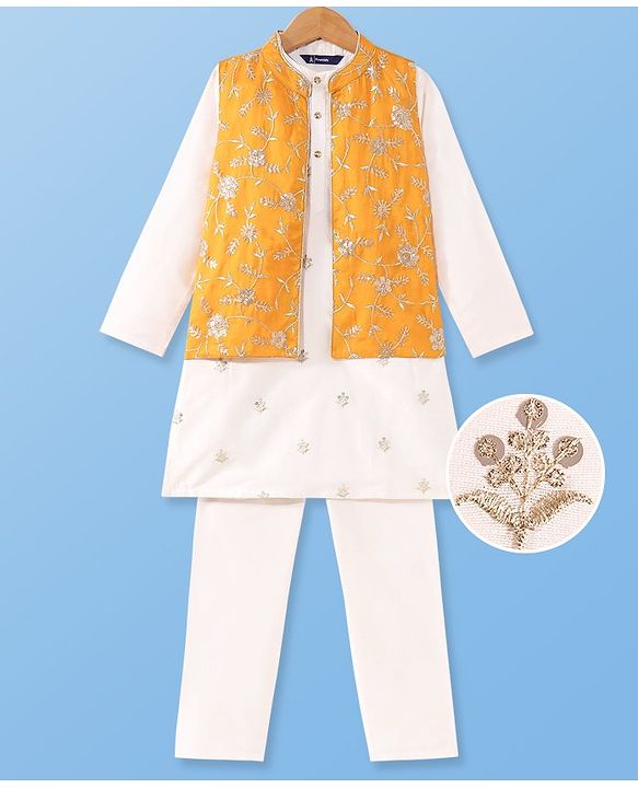 Pine Kids Woven Full Sleeves Kurta Pyjama with Jacket with Sequins & Floral Embroidery - Mustard