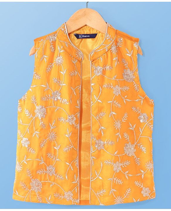 Pine Kids Woven Full Sleeves Kurta Pyjama with Jacket with Sequins & Floral Embroidery - Mustard