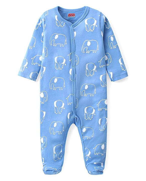 Babyhug Cotton Knit Full Sleeves Footed Sleep Suit with Cap & Mittens Elephant Print - Blue