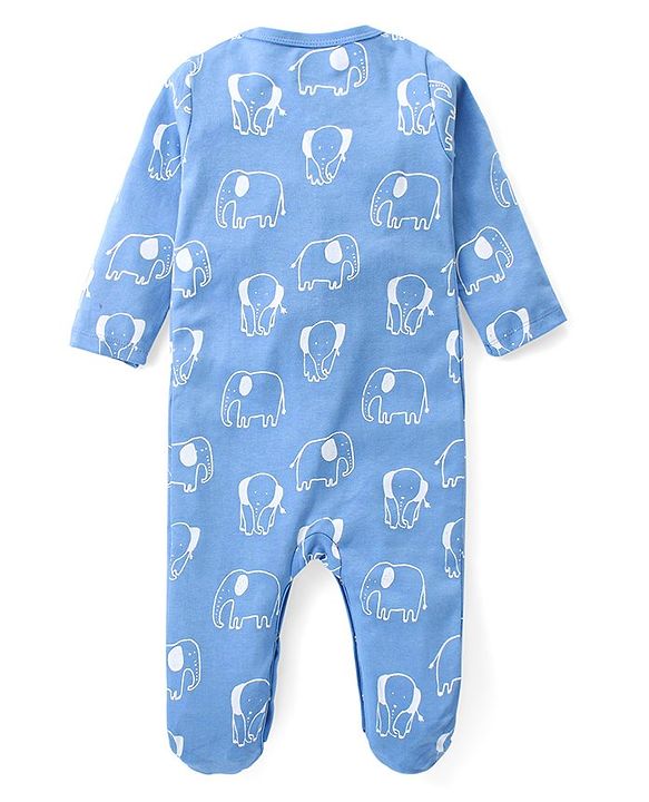 Babyhug Cotton Knit Full Sleeves Footed Sleep Suit with Cap & Mittens Elephant Print - Blue