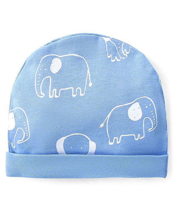 Babyhug Cotton Knit Full Sleeves Footed Sleep Suit with Cap & Mittens Elephant Print - Blue