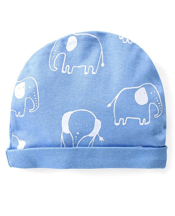 Babyhug Cotton Knit Full Sleeves Footed Sleep Suit with Cap & Mittens Elephant Print - Blue