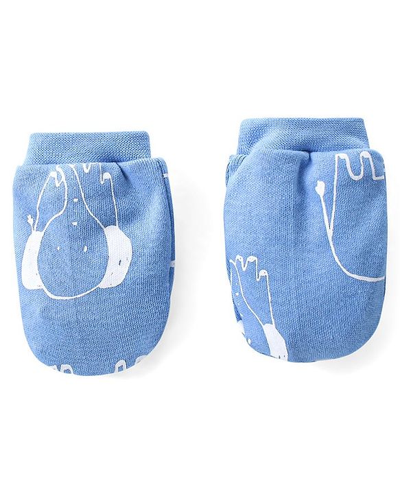 Babyhug Cotton Knit Full Sleeves Footed Sleep Suit with Cap & Mittens Elephant Print - Blue