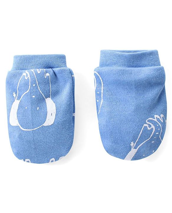 Babyhug Cotton Knit Full Sleeves Footed Sleep Suit with Cap & Mittens Elephant Print - Blue