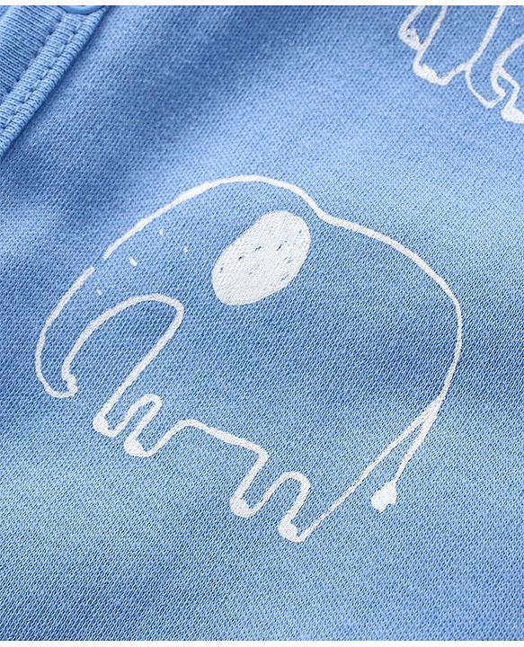 Babyhug Cotton Knit Full Sleeves Footed Sleep Suit with Cap & Mittens Elephant Print - Blue