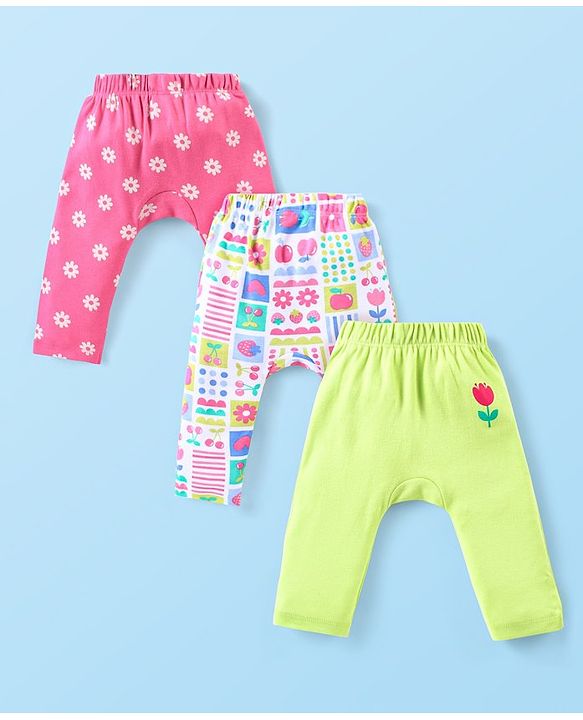 Babyhug Interlock Full Length Comfort Fit Diaper Leggings Floral Print Pack of 3 - Dark Pink White & Light Green