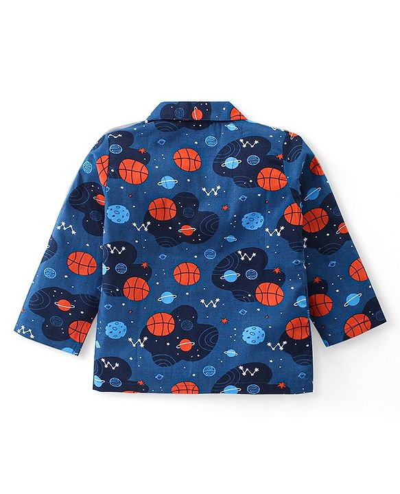 Babyhug Cotton Woven Front Open Full Sleeves Night Suit with Space Theme Print- Navy Blue