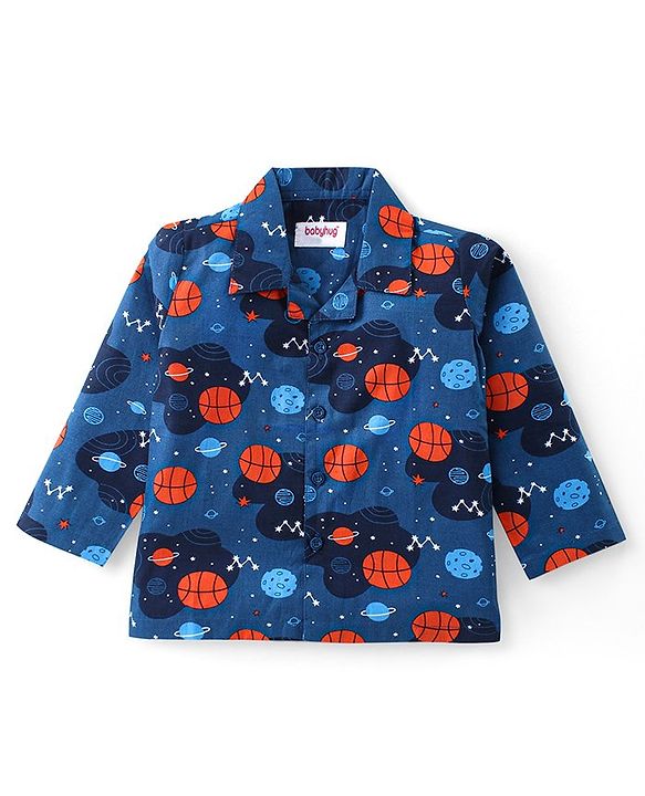 Babyhug Cotton Woven Front Open Full Sleeves Night Suit with Space Theme Print- Navy Blue