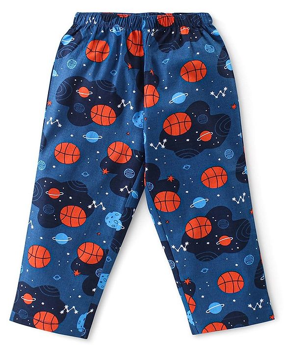 Babyhug Cotton Woven Front Open Full Sleeves Night Suit with Space Theme Print- Navy Blue