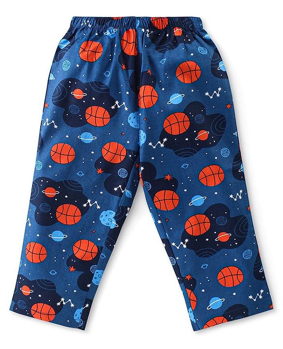 Babyhug Cotton Woven Front Open Full Sleeves Night Suit with Space Theme Print- Navy Blue