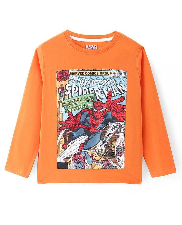 Pine Kids Marvel Single Jersey Knit Full Sleeves T-Shirt with Spiderman Graphics - Orange