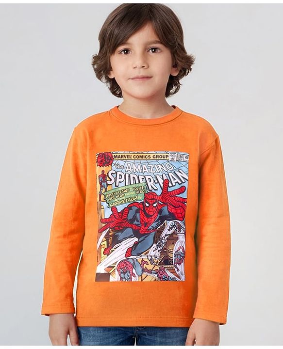 Pine Kids Marvel Single Jersey Knit Full Sleeves T-Shirt with Spiderman Graphics - Orange