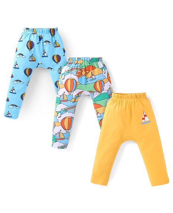 Babyhug Cotton Knit Full Length Diaper Leggings With Sailboats & Hot Air Balloons Print Pack Of 3 - Aqua Mustard & Sea Green