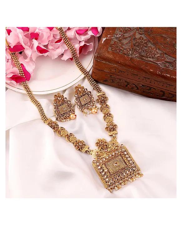 Mansiyaorange Matte Golden Floral Design Kundan Stones Long