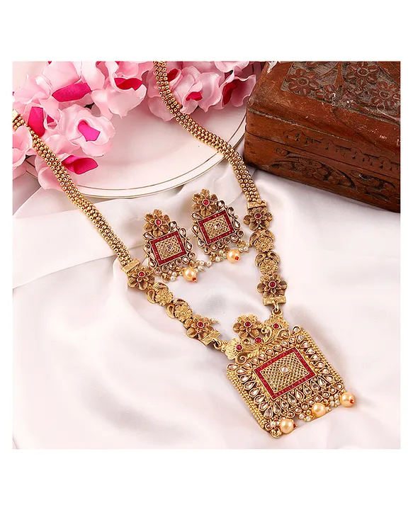 Mansiyaorange Matte Golden Floral Design Kundan Stones Rani Haar