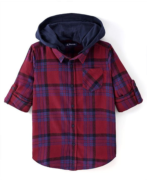 Pine Kids Cotton Woven Brushed Checkered Full Sleeves Hooded Shirt - Red