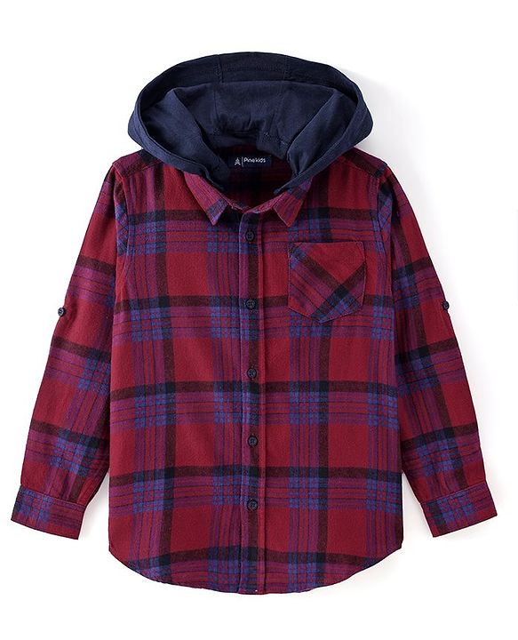 Pine Kids Cotton Woven Brushed Checkered Full Sleeves Hooded Shirt - Red