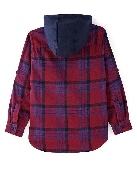 Pine Kids Cotton Woven Brushed Checkered Full Sleeves Hooded Shirt - Red