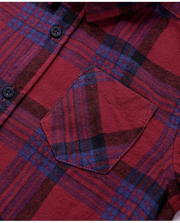 Pine Kids Cotton Woven Brushed Checkered Full Sleeves Hooded Shirt - Red