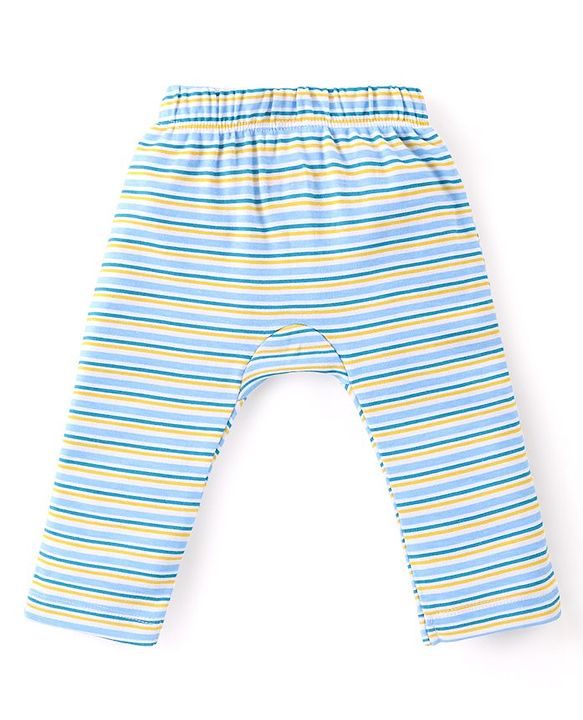 Babyhug Interlock Cotton Knit Full Length Striped Diaper Leggings With Tiger Print Pack of 3 - Blue & Yellow
