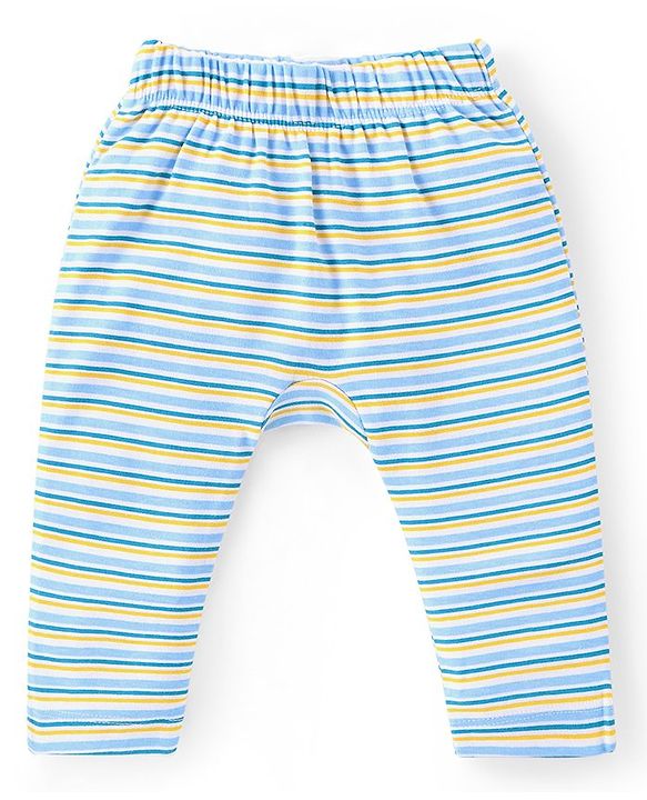 Babyhug Interlock Cotton Knit Full Length Striped Diaper Leggings With Tiger Print Pack of 3 - Blue & Yellow