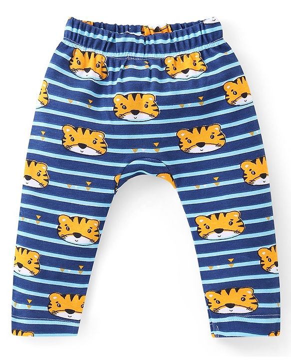Babyhug Interlock Cotton Knit Full Length Striped Diaper Leggings With Tiger Print Pack of 3 - Blue & Yellow