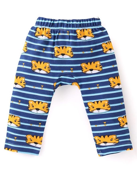 Babyhug Interlock Cotton Knit Full Length Striped Diaper Leggings With Tiger Print Pack of 3 - Blue & Yellow