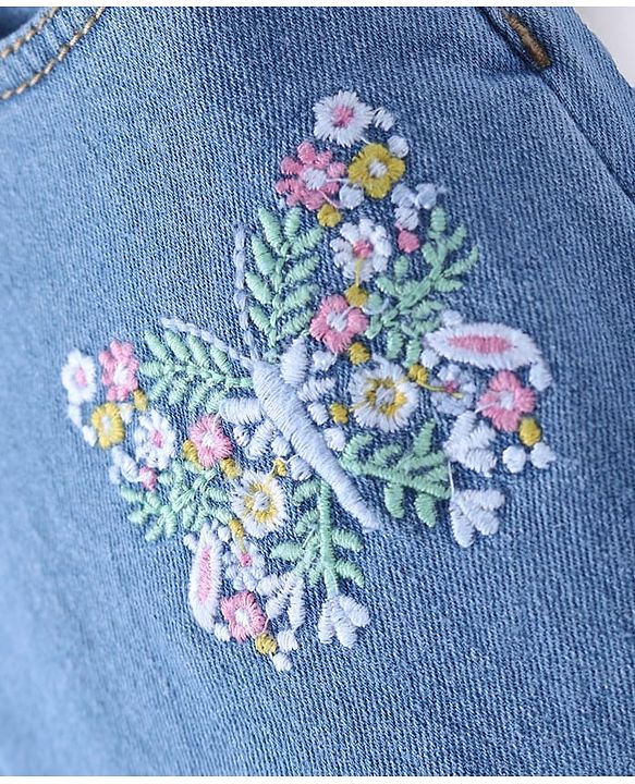 Babyhug Woven Full Length Washed Denim Jeans With Stretch & Floral Embroidery - Blue