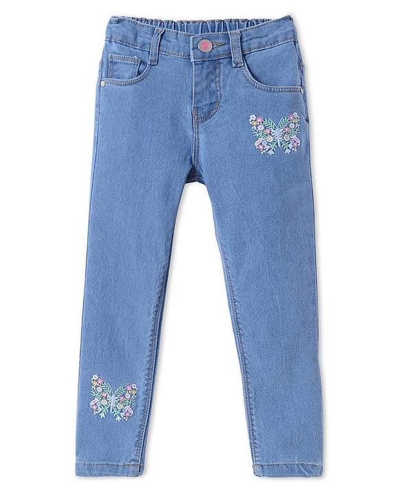 Babyhug Woven Full Length Washed Denim Jeans With Stretch & Floral Embroidery - Blue