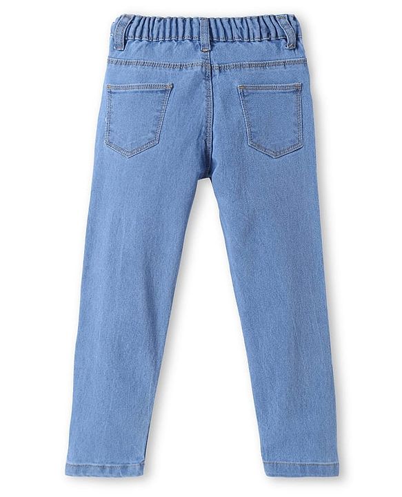 Babyhug Woven Full Length Washed Denim Jeans With Stretch & Floral Embroidery - Blue