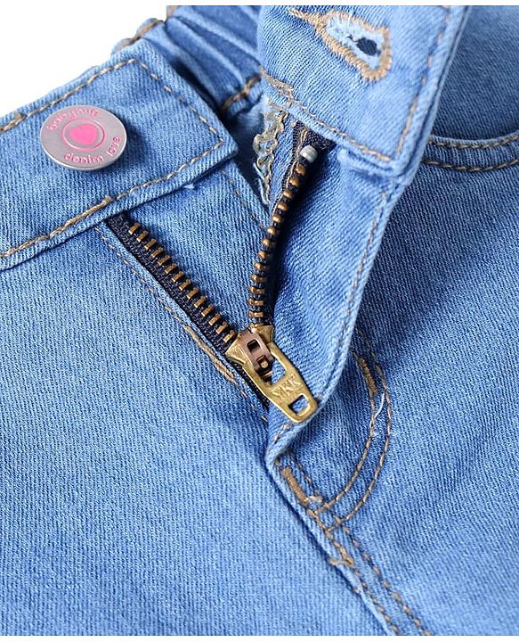 Babyhug Woven Full Length Washed Denim Jeans With Stretch & Floral Embroidery - Blue