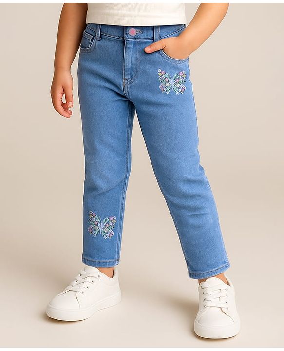 Babyhug Woven Full Length Washed Denim Jeans With Stretch & Floral Embroidery - Blue