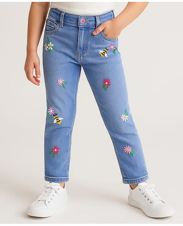 Babyhug Full Length Washed Denim Jeans With Floral & Honey Bee Embroidery & Stretch - Blue