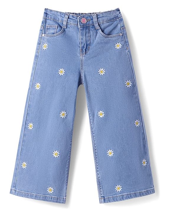 Babyhug Full Length Washed Denim Jeans with Floral Embroidery & Stretch - Light Blue