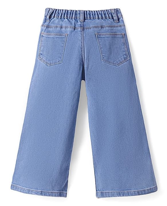 Babyhug Full Length Washed Denim Jeans with Floral Embroidery & Stretch - Light Blue