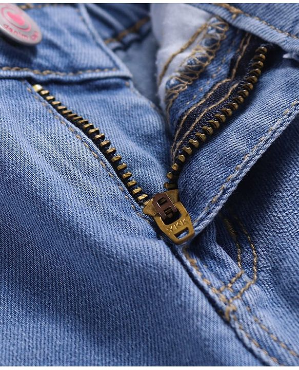 Babyhug Full Length Washed Denim Jeans with Floral Embroidery & Stretch - Light Blue