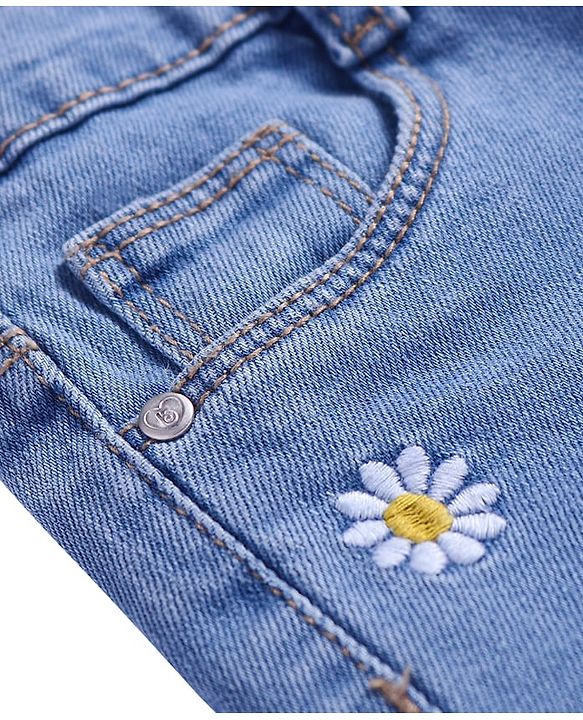 Babyhug Full Length Washed Denim Jeans with Floral Embroidery & Stretch - Light Blue