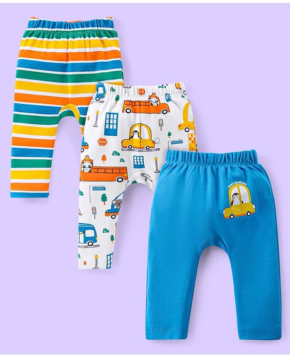Babyhug Interlock Knit Full Length Diaper Leggings Vehicle & Animals  Print Pack of 3 - Blue & White