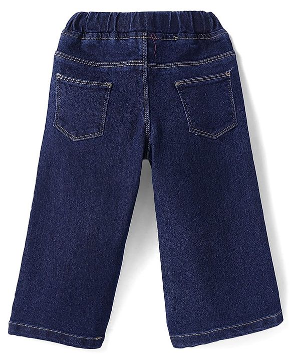 Babyhug Full Length Washed Denim Jeans With Stretch & Floral Embroidery - Navy Blue